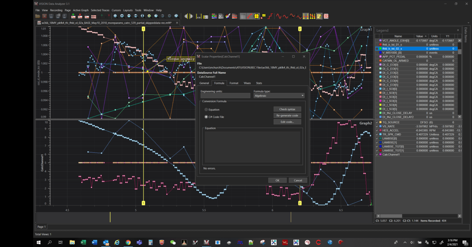 VISION Data Analyzer Calculated Channels