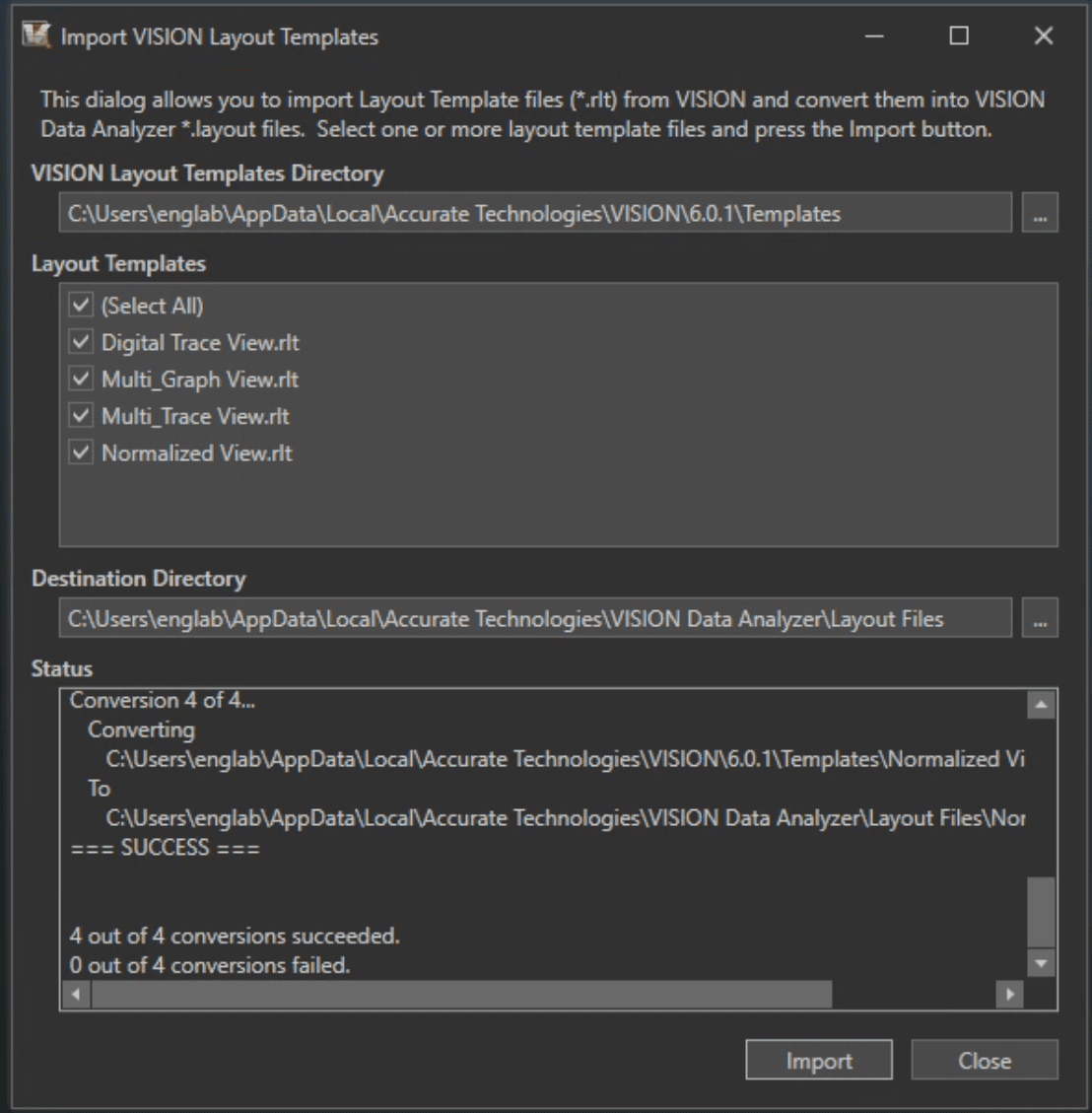 VISION Data Analyzer Import VISION Layouts